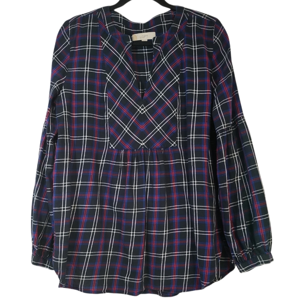 LOFT Plaid V-Neck Blouse - Navy and Pink